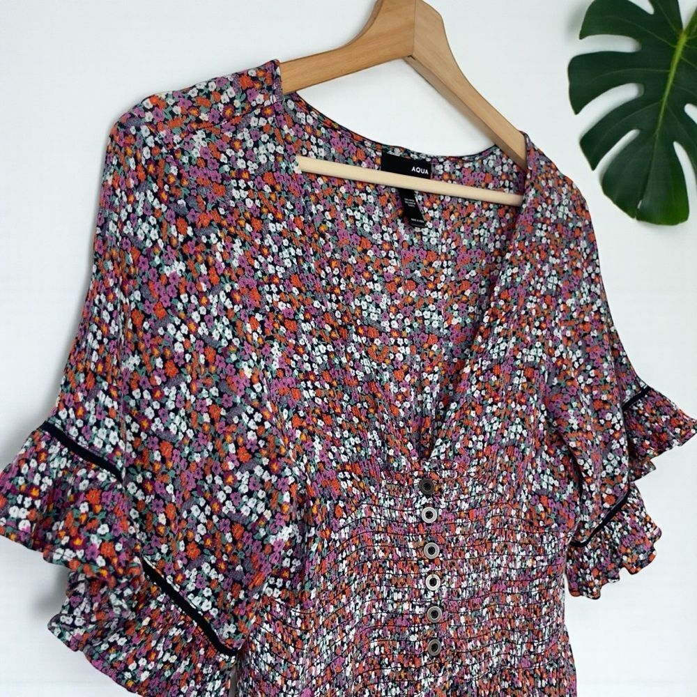 AQUA Floral Ruffle Sleeve Smocked Wide-Leg Jumpsuit - Picture 8 of 14